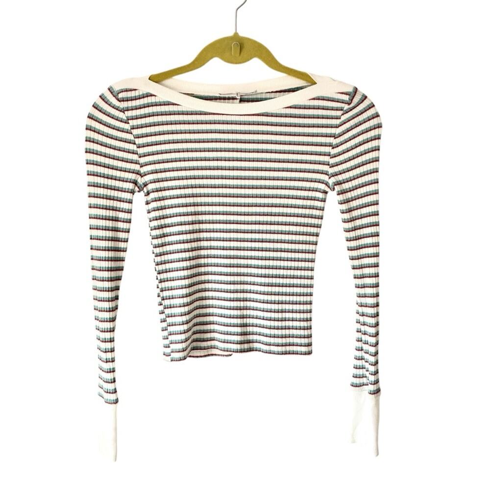 Frame Cropped Stripe Knit Top size XS White Brown Green - Picture 4 of 9
